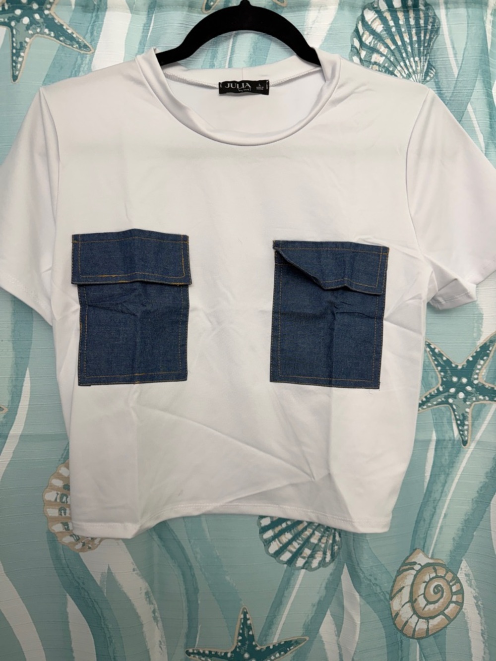 White Short Sleeve Tee with Denim Patch Pockets